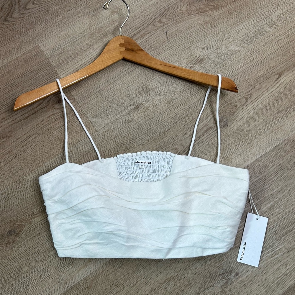 NWT Reformation 100% Linen Smocked Cropped Tank Top Strappy White Size 10